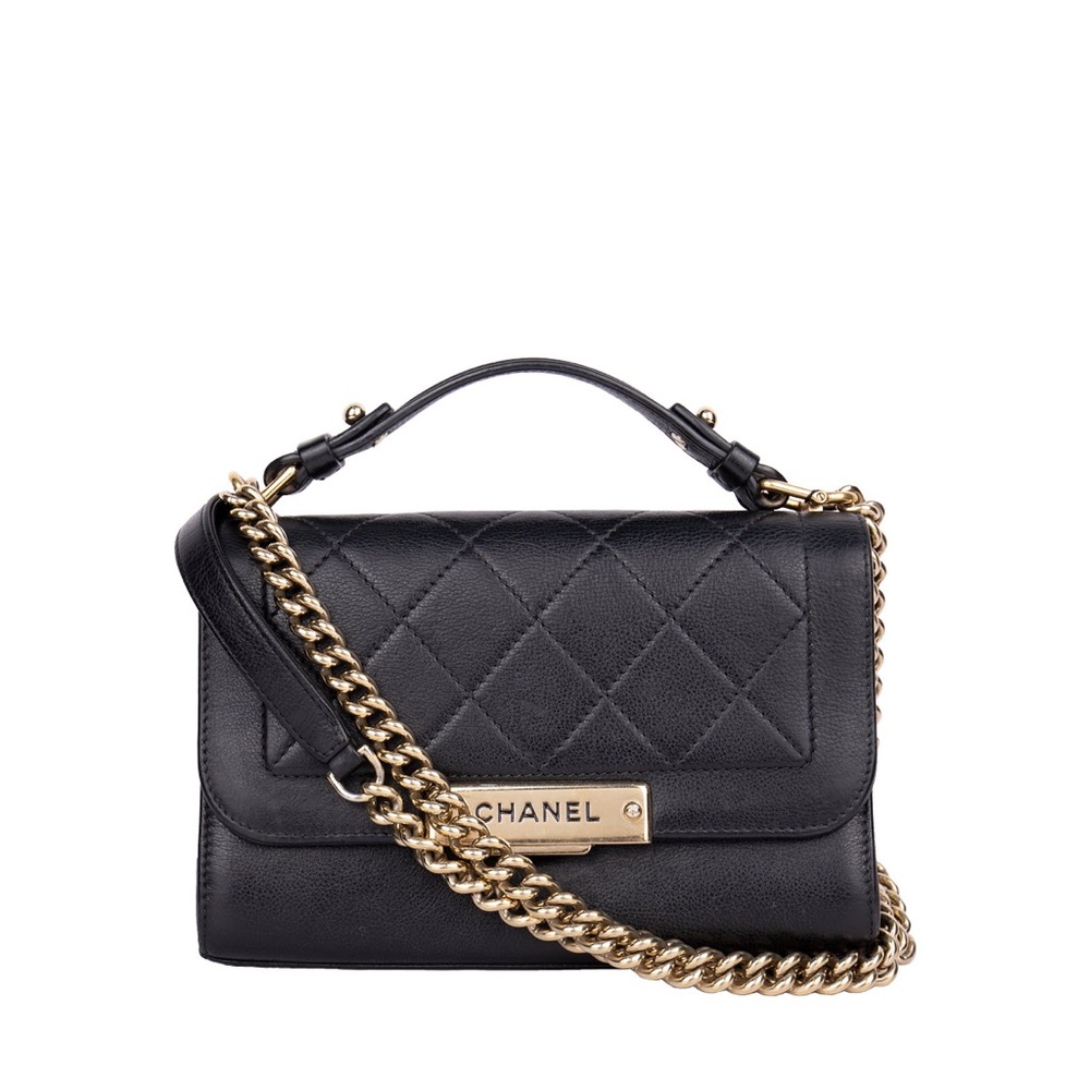 CHANEL 
Grained Calfskin Quilted Medium Label Click Flap Bag Black